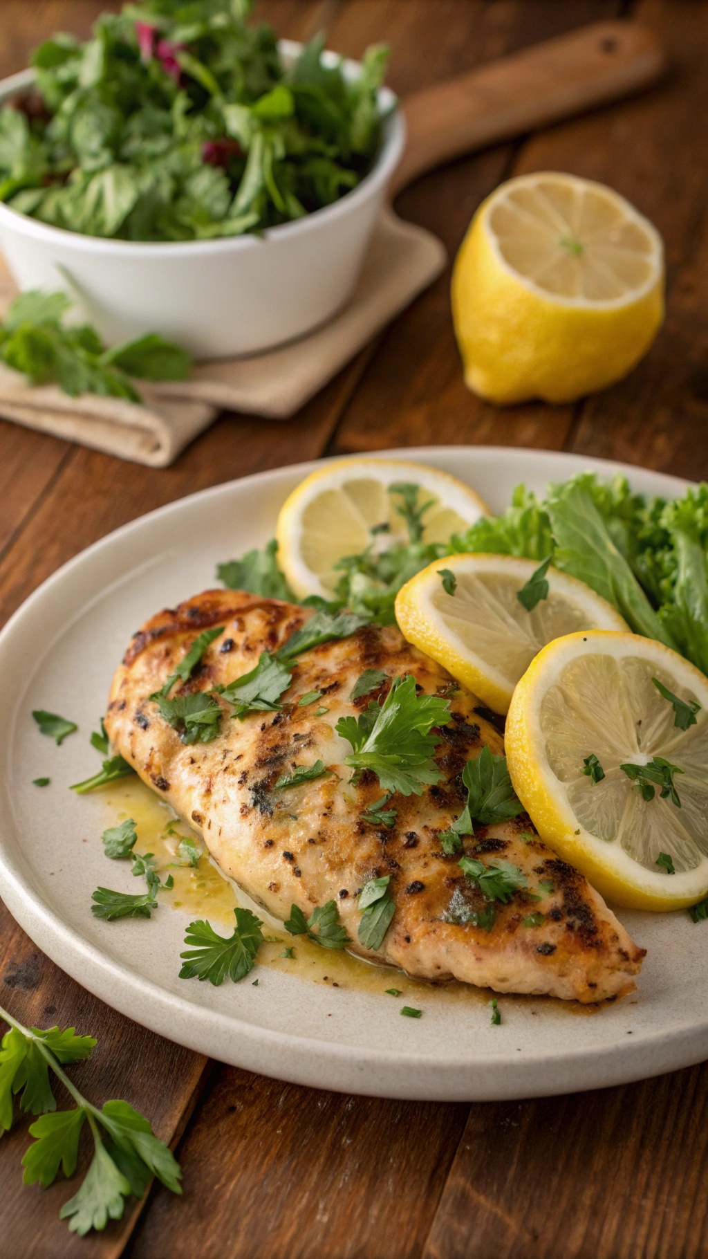 A plate of zesty lemon herb chicken breast garnished with parsley and lemon slices, served with a side salad.