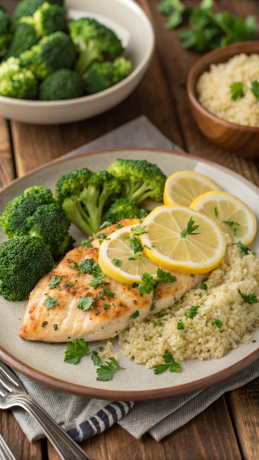Zesty lemon herb chicken breast meal prep with broccoli and couscous.