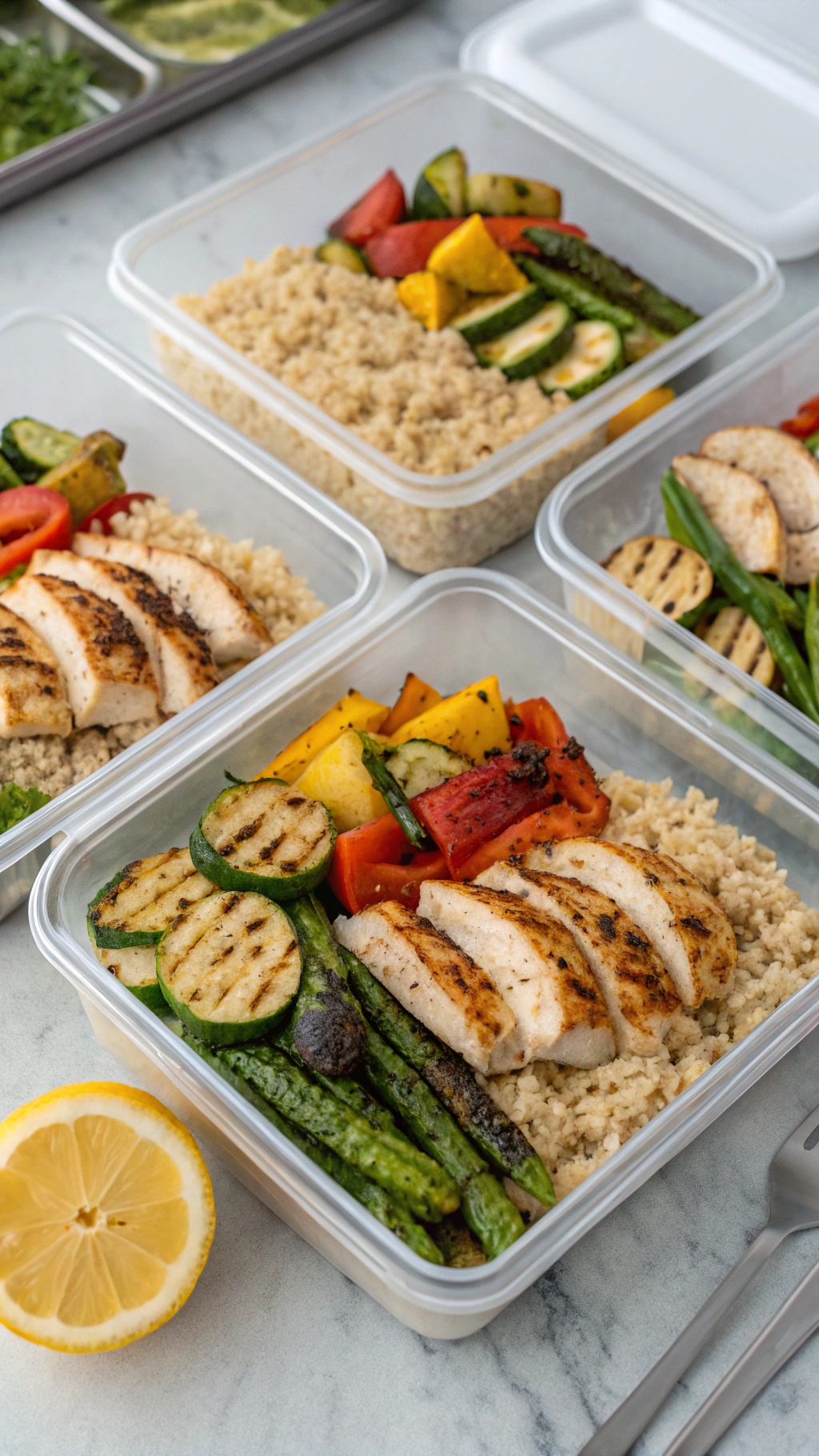 Meal prep containers with grilled lemon herb chicken, quinoa, and colorful vegetables.