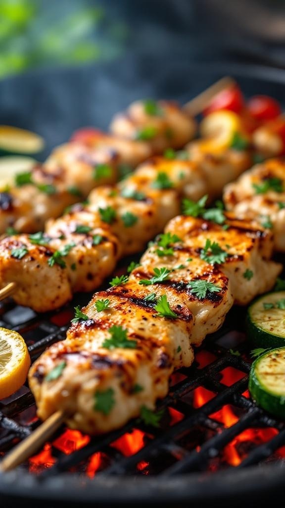 Grilled chicken skewers with herbs and lemon on a grill