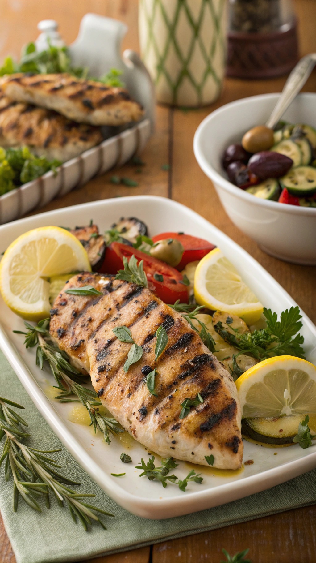 Grilled chicken breast garnished with lemon slices and fresh herbs, served with vegetables.