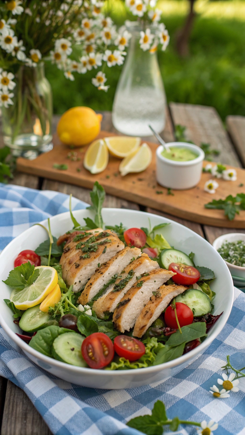 A vibrant Zesty Lemon Herb Grilled Chicken Salad with sliced grilled chicken, cherry tomatoes, cucumbers, and lemon wedges on a bed of mixed greens.