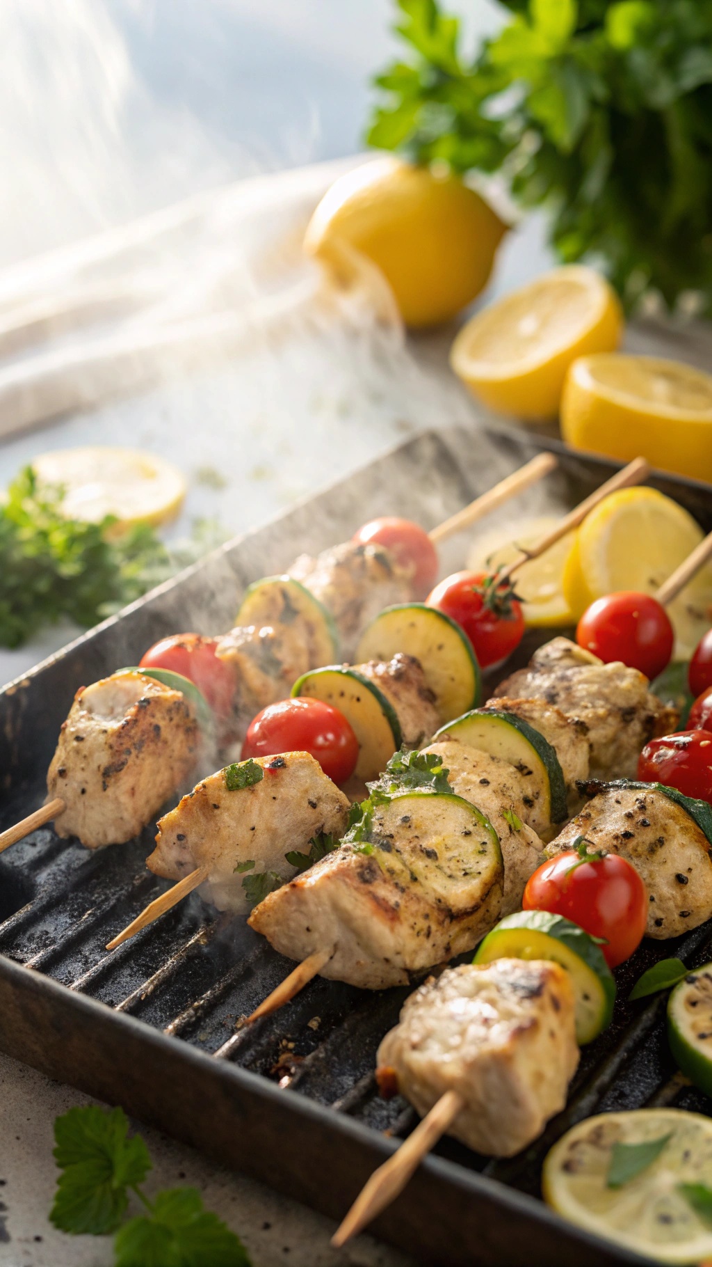 Grilled chicken skewers with zucchini and cherry tomatoes on a grill, garnished with lemon.