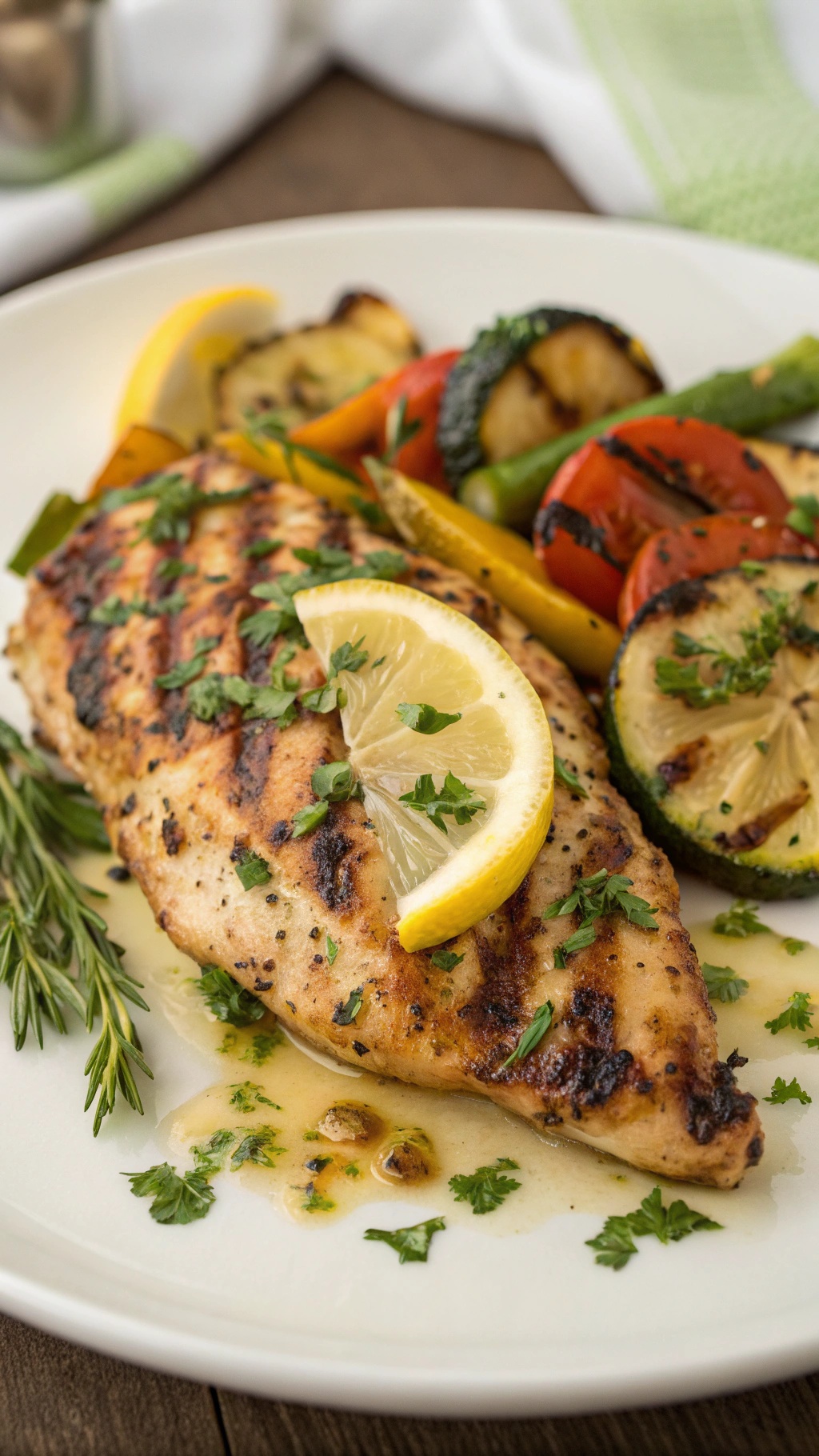Grilled chicken breast garnished with lemon slices and herbs, served with colorful grilled vegetables.