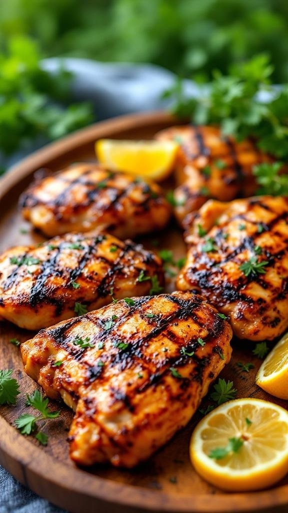 Grilled chicken thighs garnished with herbs and lemon slices on a wooden platter.