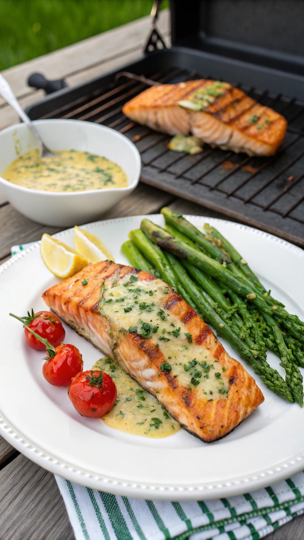 Grilled salmon fillets with lemon herb sauce, asparagus, and cherry tomatoes on a plate.