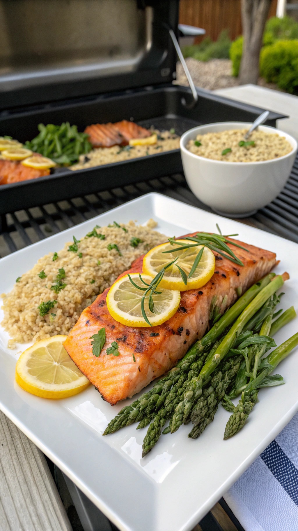 Grilled salmon with lemon slices, quinoa, and asparagus on a plate