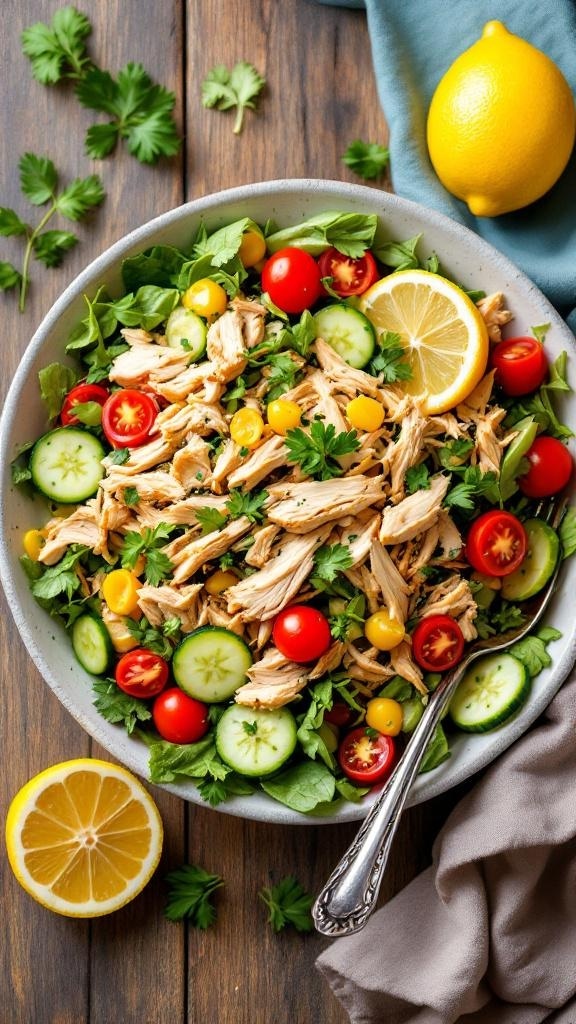 A colorful salad with shredded rotisserie chicken, cherry tomatoes, cucumbers, and lemon slices in a bowl.