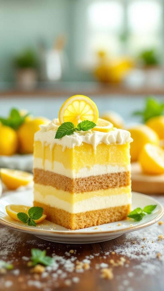 A slice of zesty lemon icebox cake topped with a lemon slice and mint, surrounded by fresh lemons.