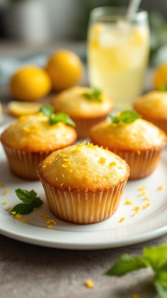 Zesty lemon keto muffins on a plate with lemon slices and a refreshing drink in the background.