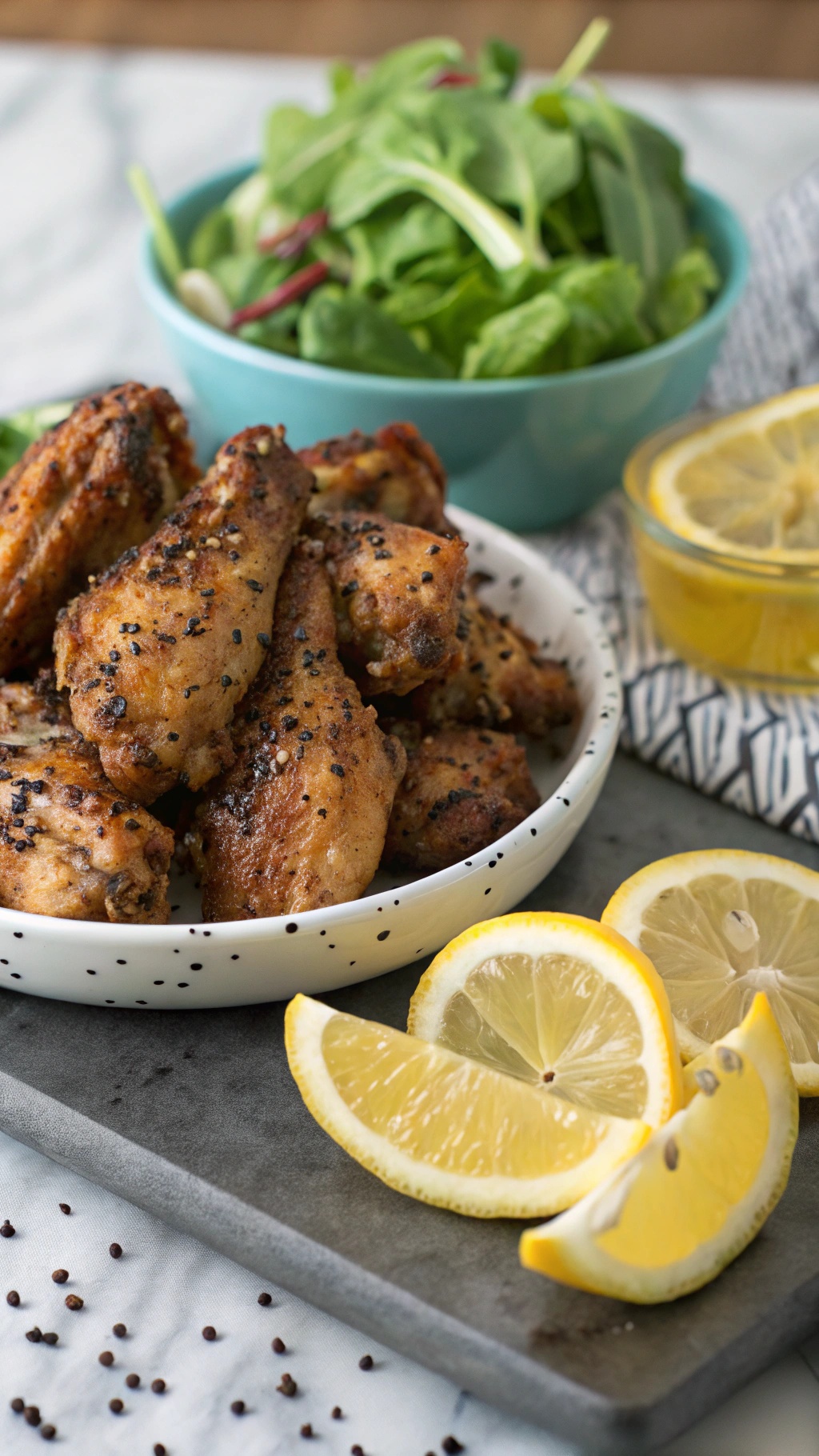 A plate of crispy lemon pepper chicken wings with lemon wedges and a bowl of salad in the background.