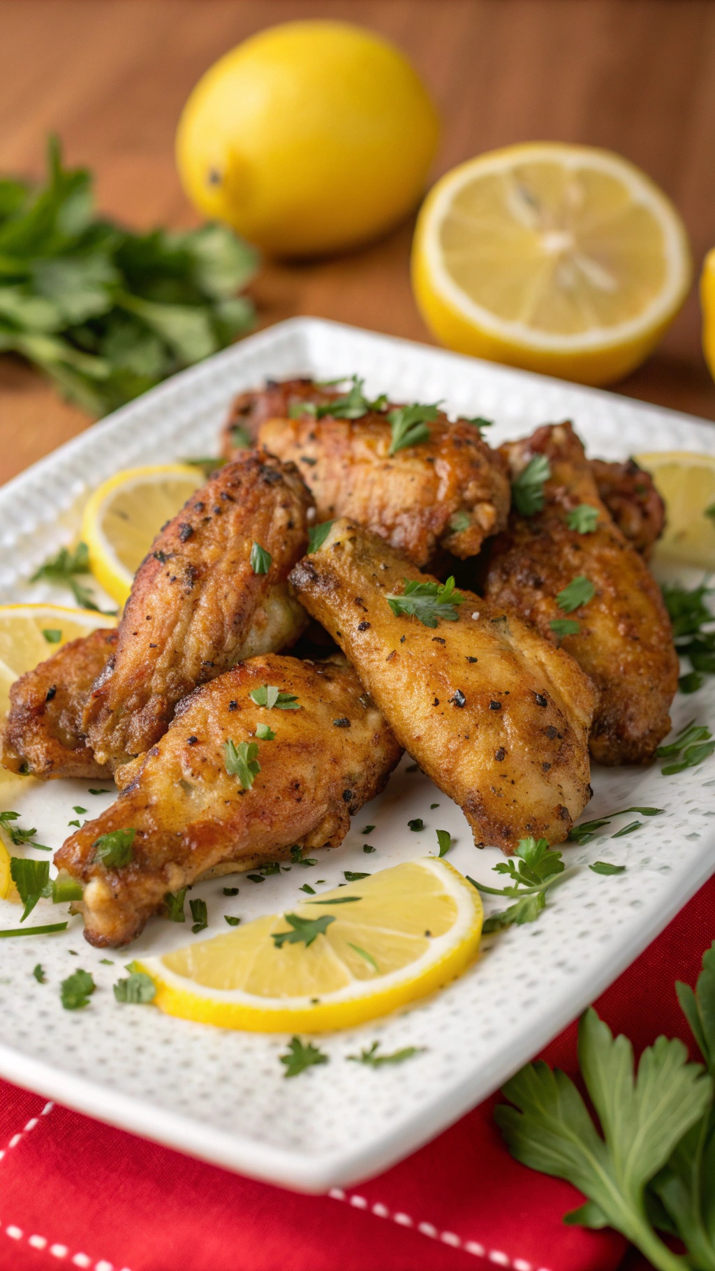 A plate of zesty lemon pepper chicken wings garnished with parsley and lemon slices.