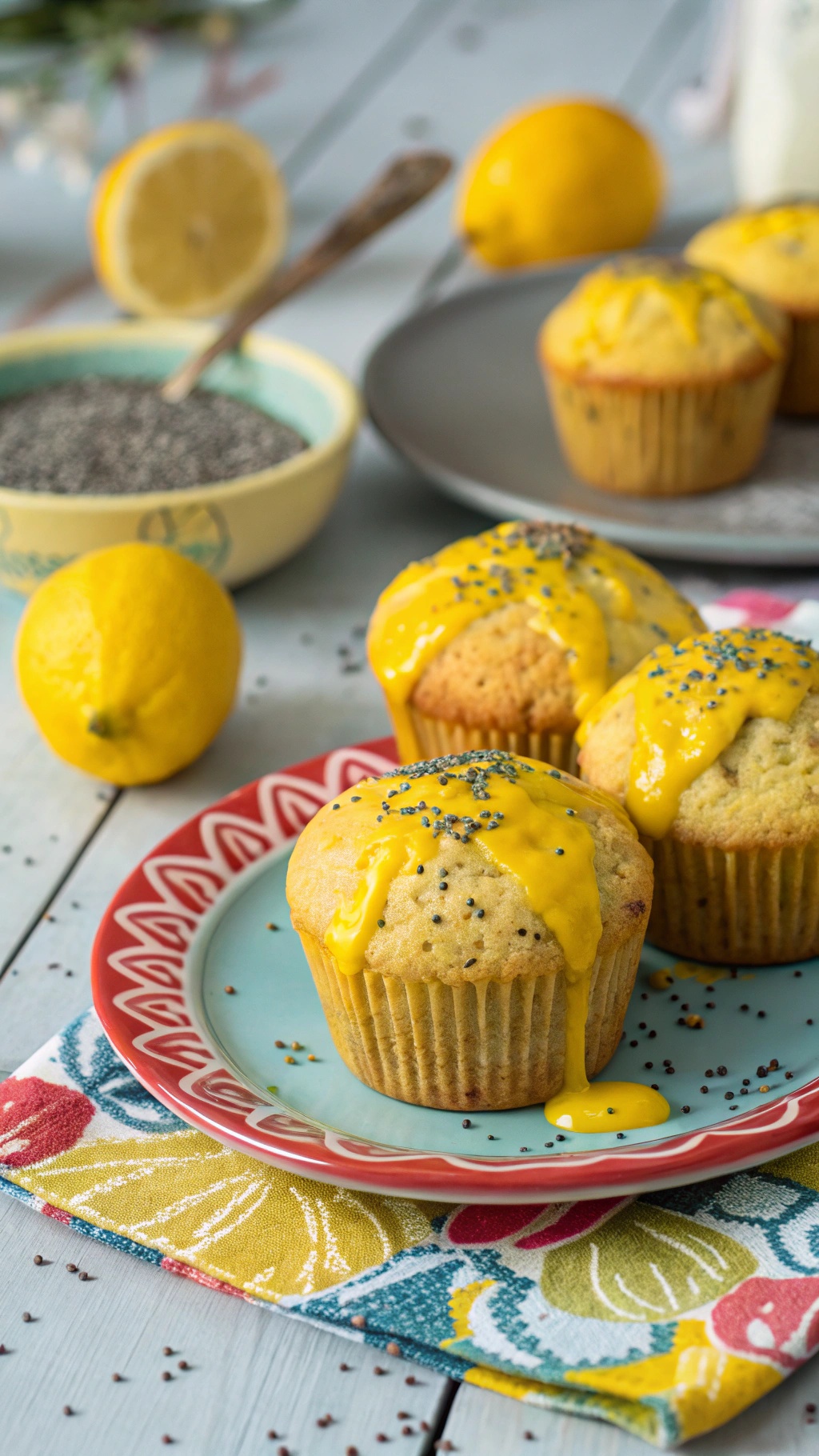 Zesty lemon poppy seed muffins with a lemon glaze and poppy seeds on top, served on a colorful plate.