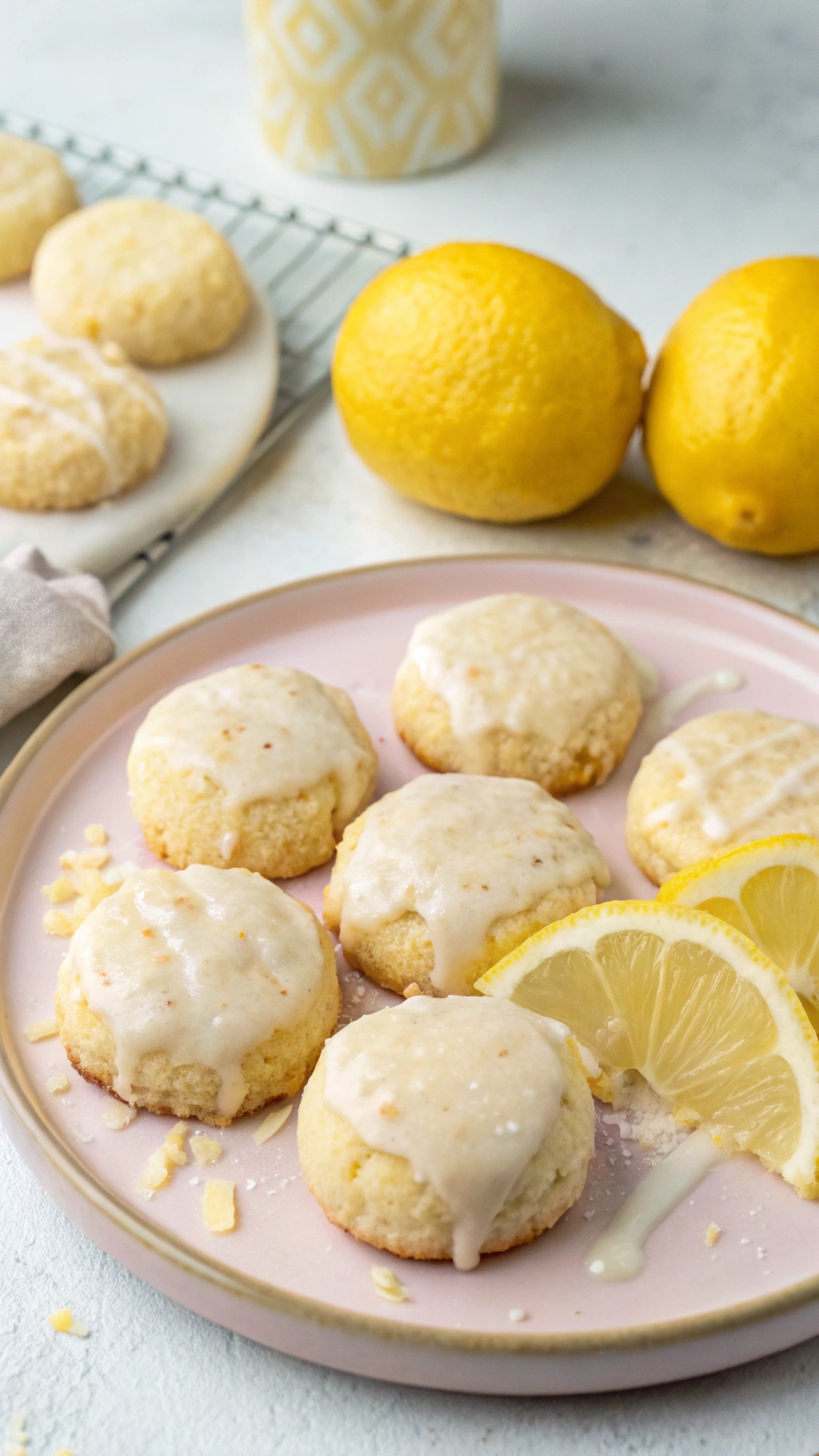 Plate of zesty lemon protein cookies with lemon slices and a glass of lemonade
