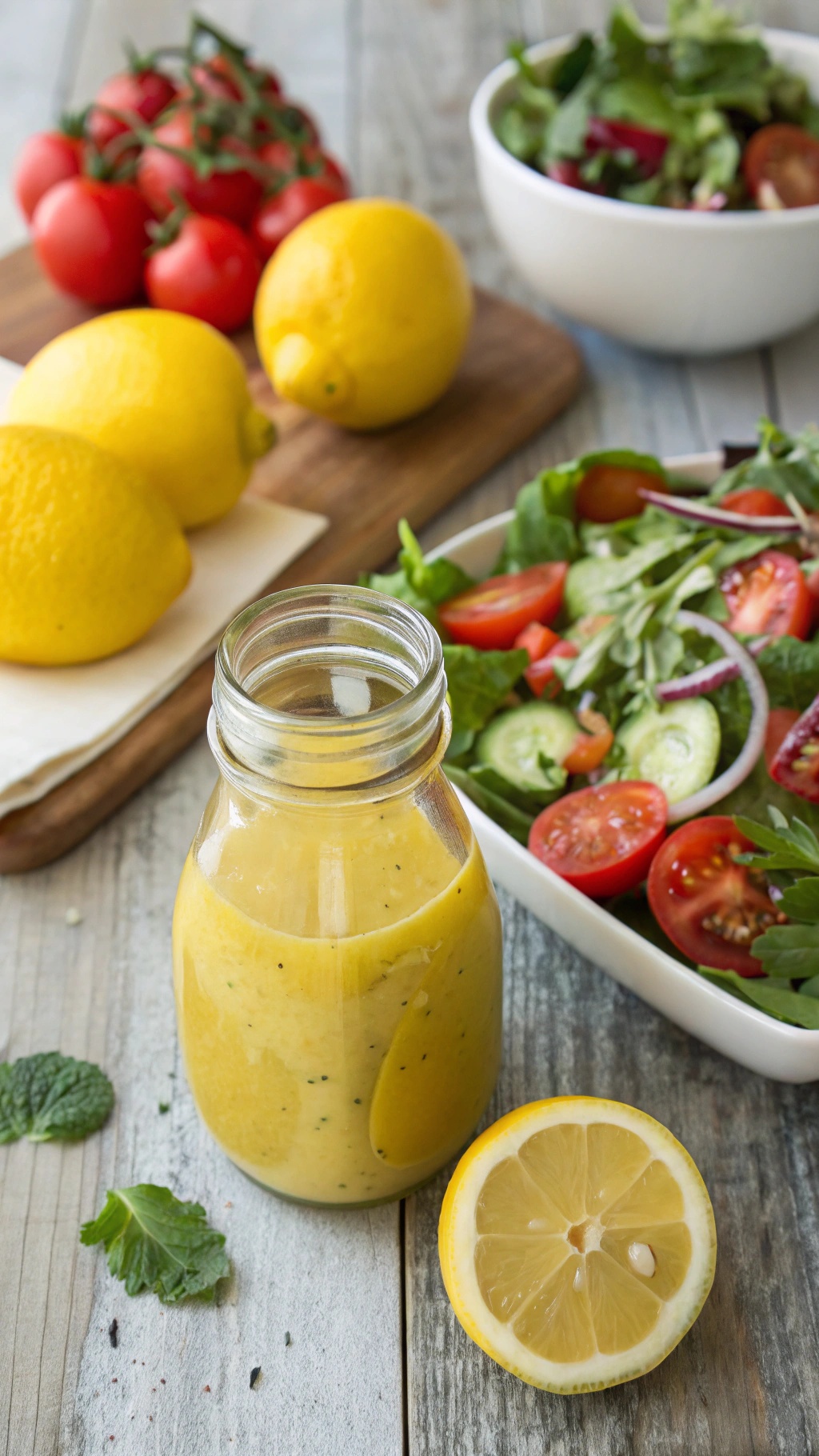 A jar of zesty lemon vinaigrette with fresh tomatoes and greens in the background.