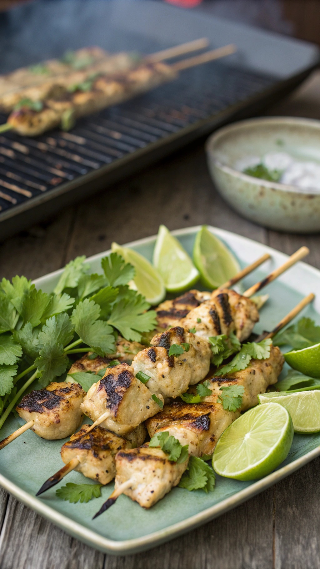 Grilled chicken skewers with lime and cilantro on a plate