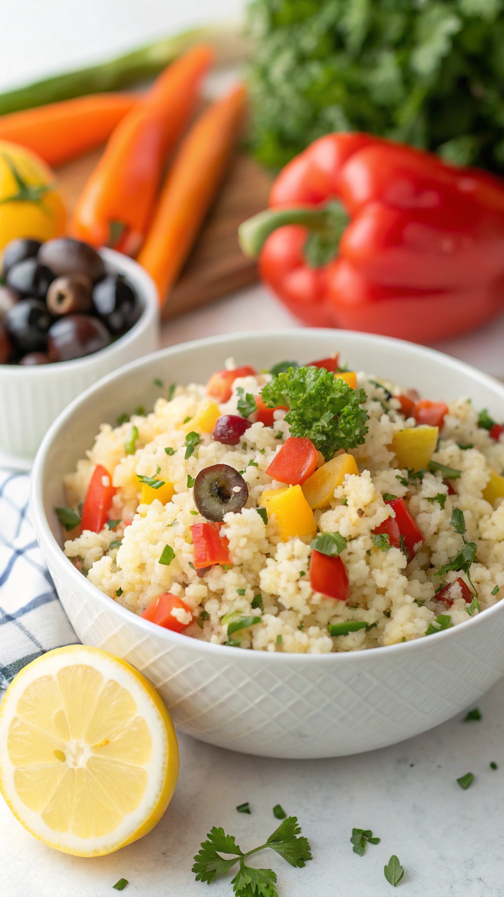 A bowl of colorful Mediterranean cauliflower rice with fresh vegetables and lemon on the side.