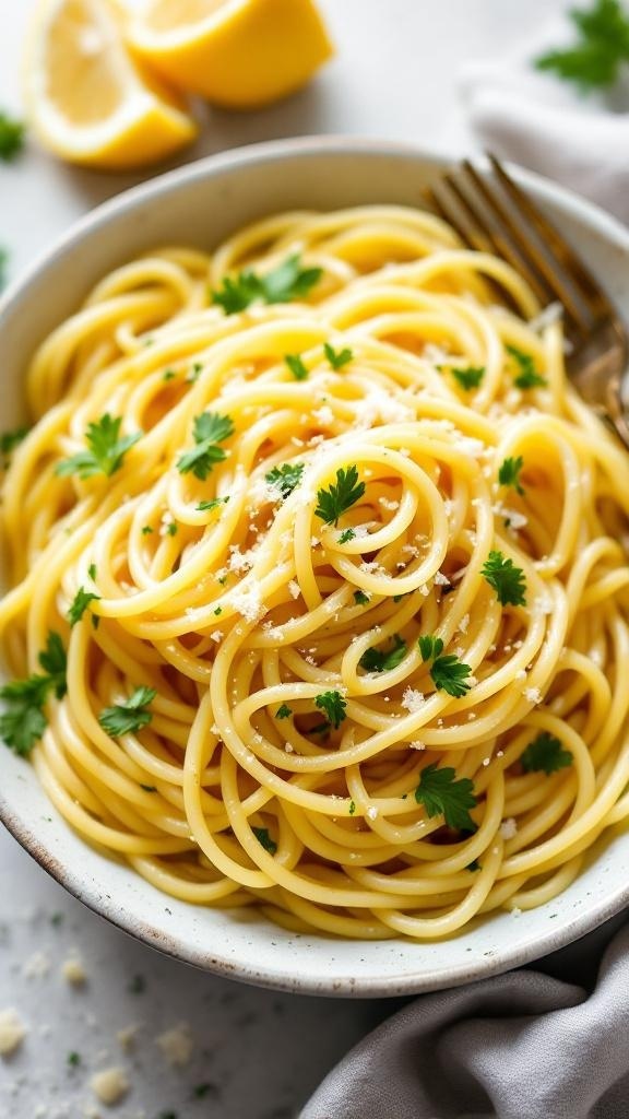 A bowl of lemon garlic pasta garnished with parsley and lemon wedges.