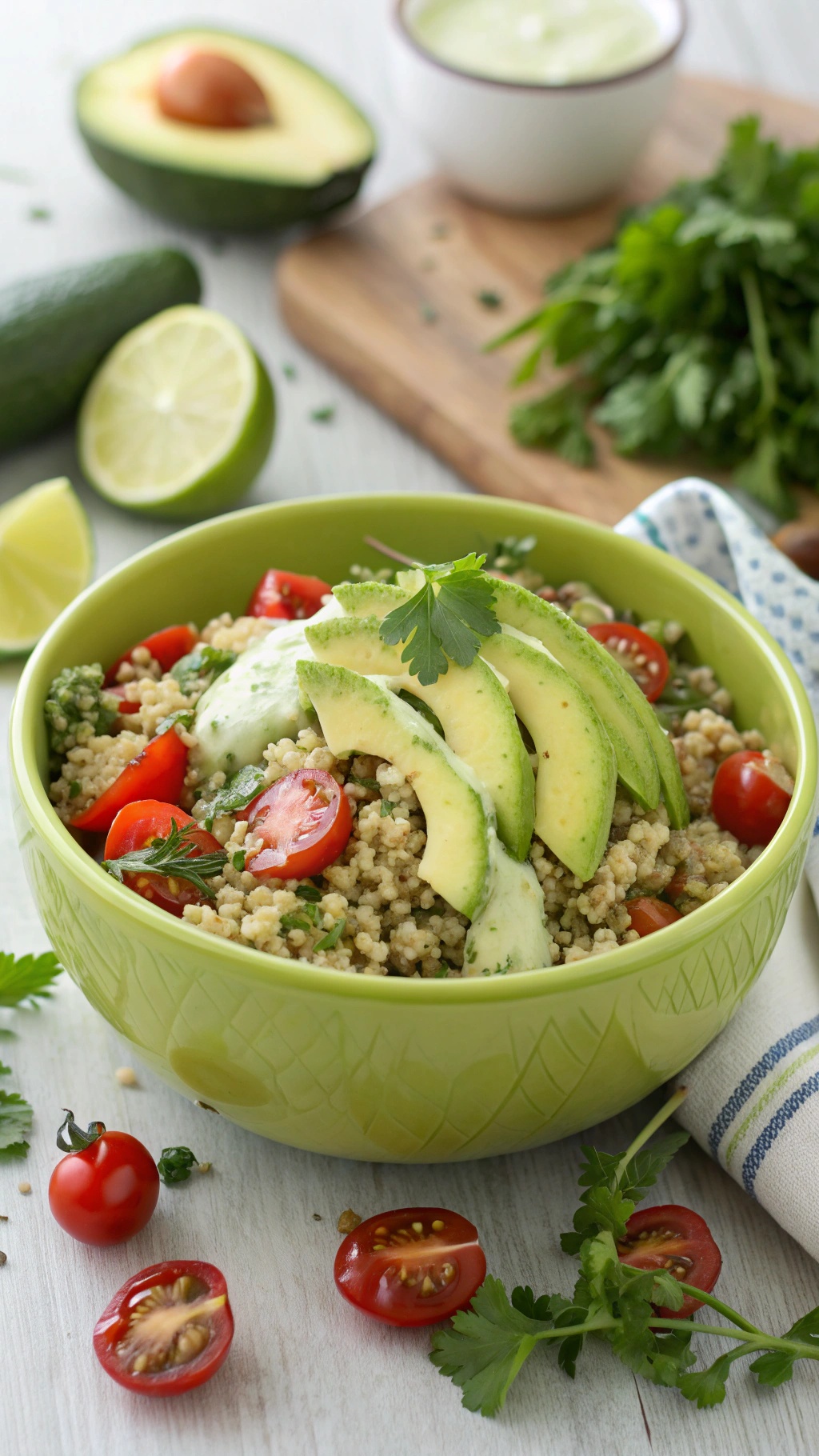 A vibrant bowl of quinoa salad with avocado, cherry tomatoes, and cilantro, garnished with lime.