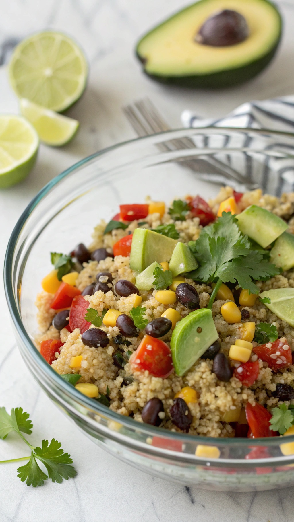 A colorful bowl of quinoa salad with black beans, corn, diced red pepper, avocado, and lime wedges on a marble surface.