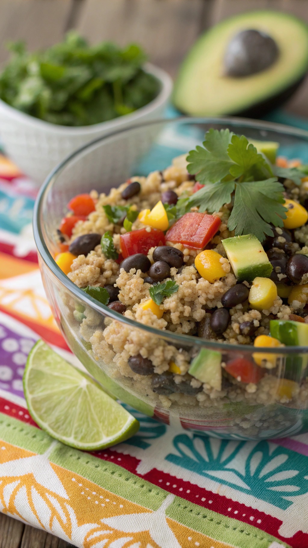 A colorful bowl of quinoa and black bean salad with diced vegetables and lime slices.