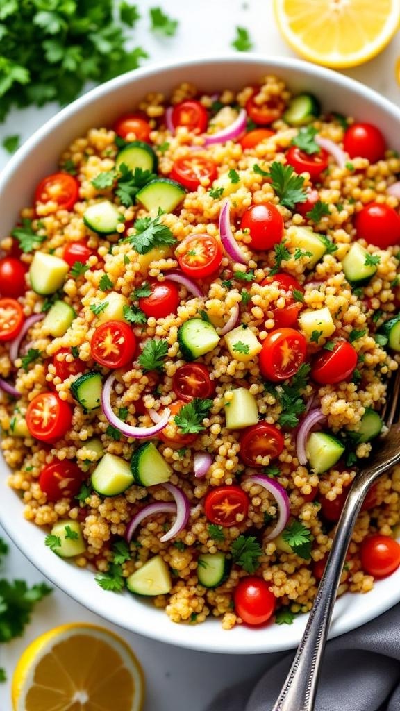 A colorful zesty quinoa salad with cherry tomatoes, cucumbers, and fresh herbs in a bowl.