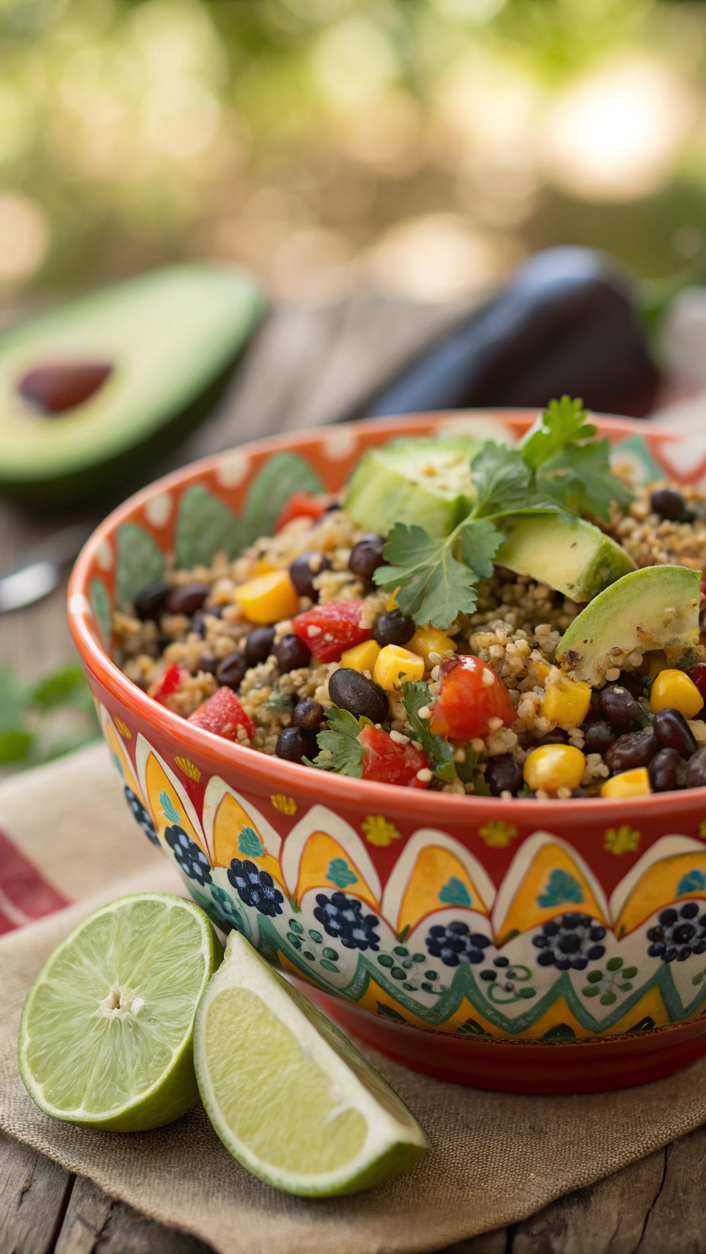 A colorful bowl of quinoa salad with black beans, corn, diced tomatoes, and avocado, garnished with lime slices and cilantro.