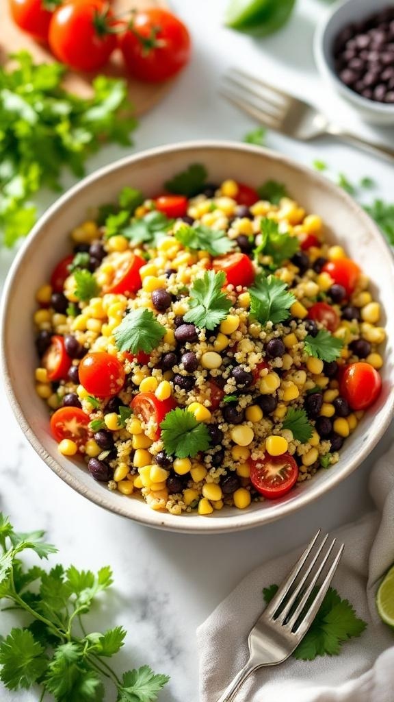 A vibrant bowl of zesty quinoa salad with black beans, cherry tomatoes, corn, and cilantro.