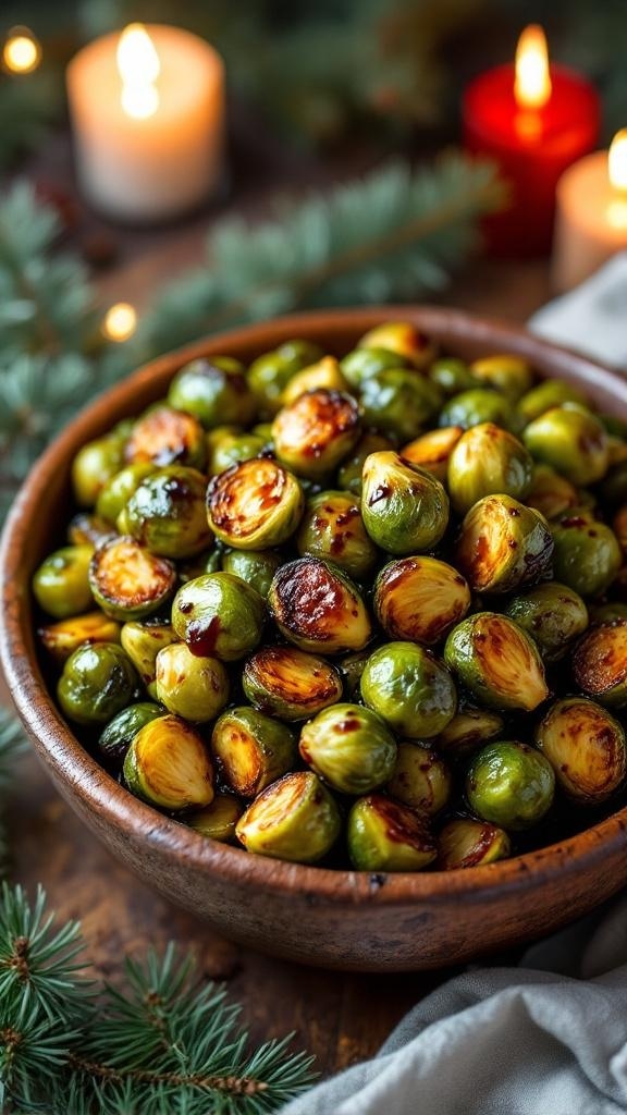 A bowl of roasted Brussels sprouts with a balsamic glaze, surrounded by festive candles and greenery.