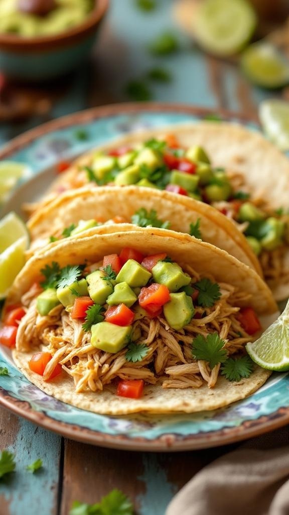 Zesty rotisserie chicken tacos topped with avocado salsa and served with lime wedges.
