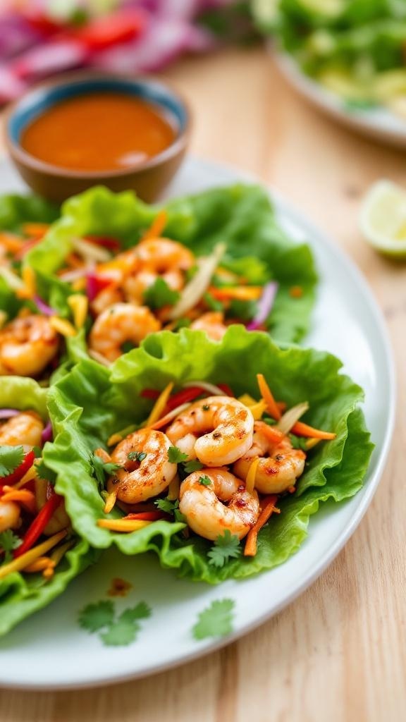 Zesty shrimp lettuce wraps filled with shrimp and colorful vegetables, served with a dipping sauce.