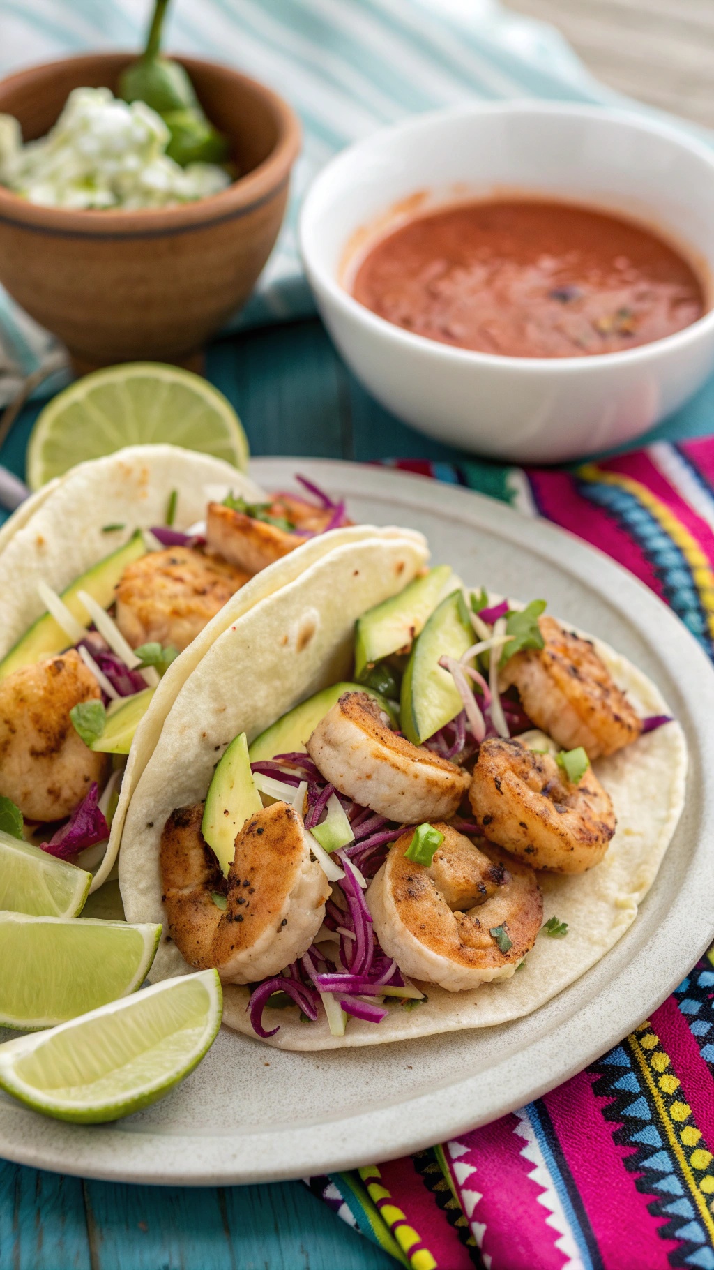 Zesty shrimp tacos with avocado and cabbage on a colorful plate