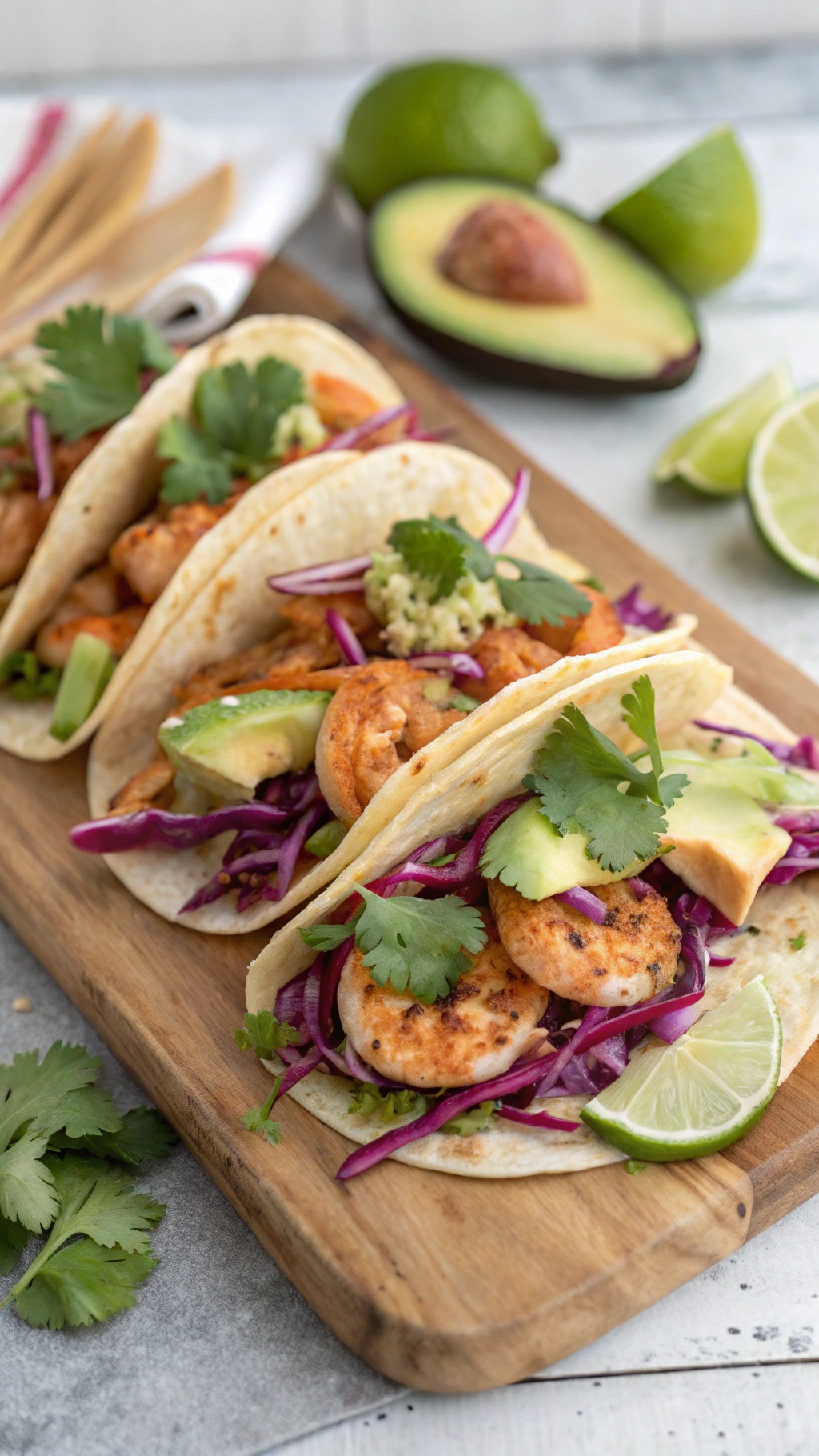 Zesty shrimp tacos with cabbage slaw on a wooden board