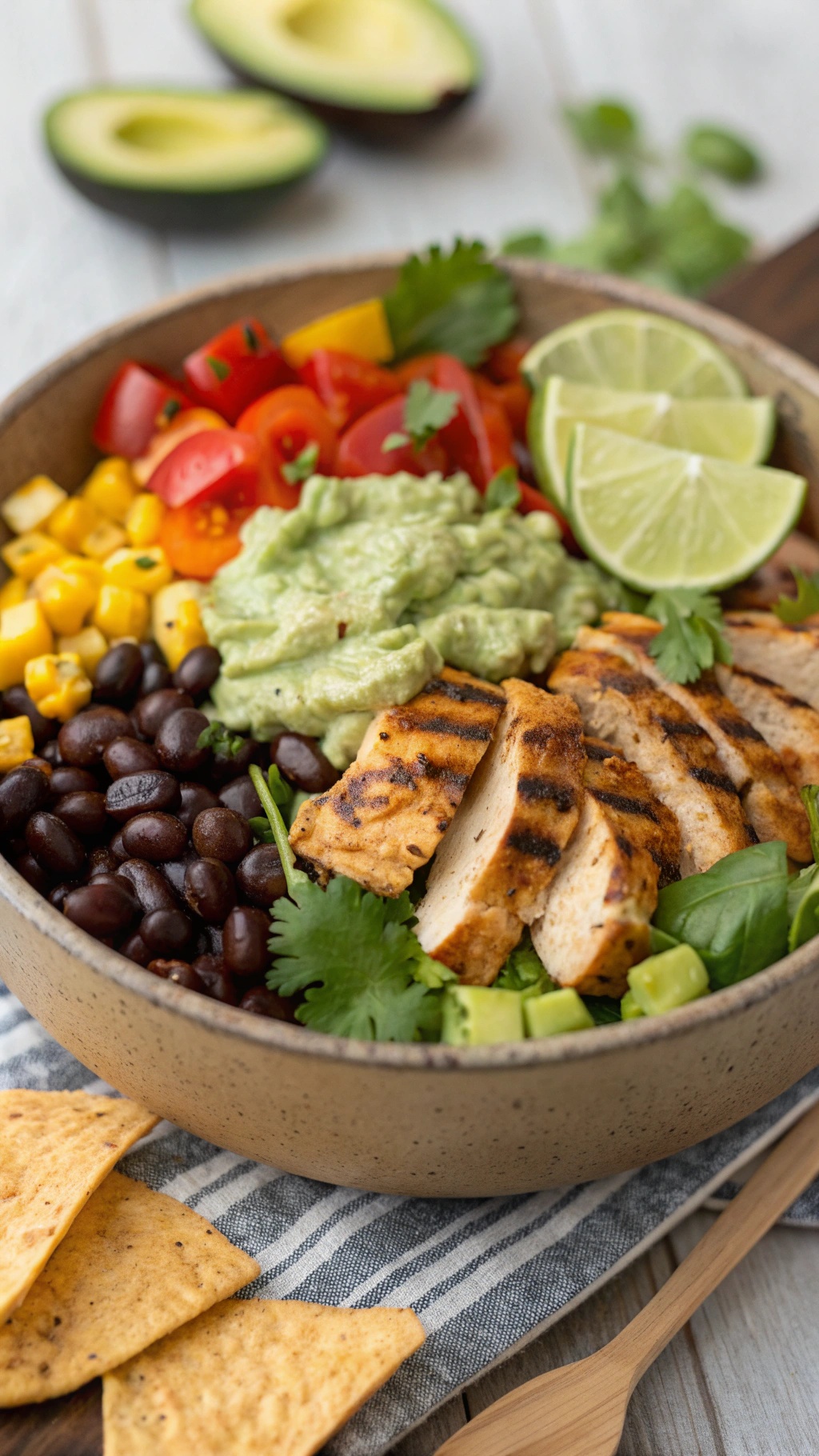 A colorful bowl of Southwest chicken salad with grilled chicken, black beans, corn, cherry tomatoes, and guacamole, served with tortilla chips.