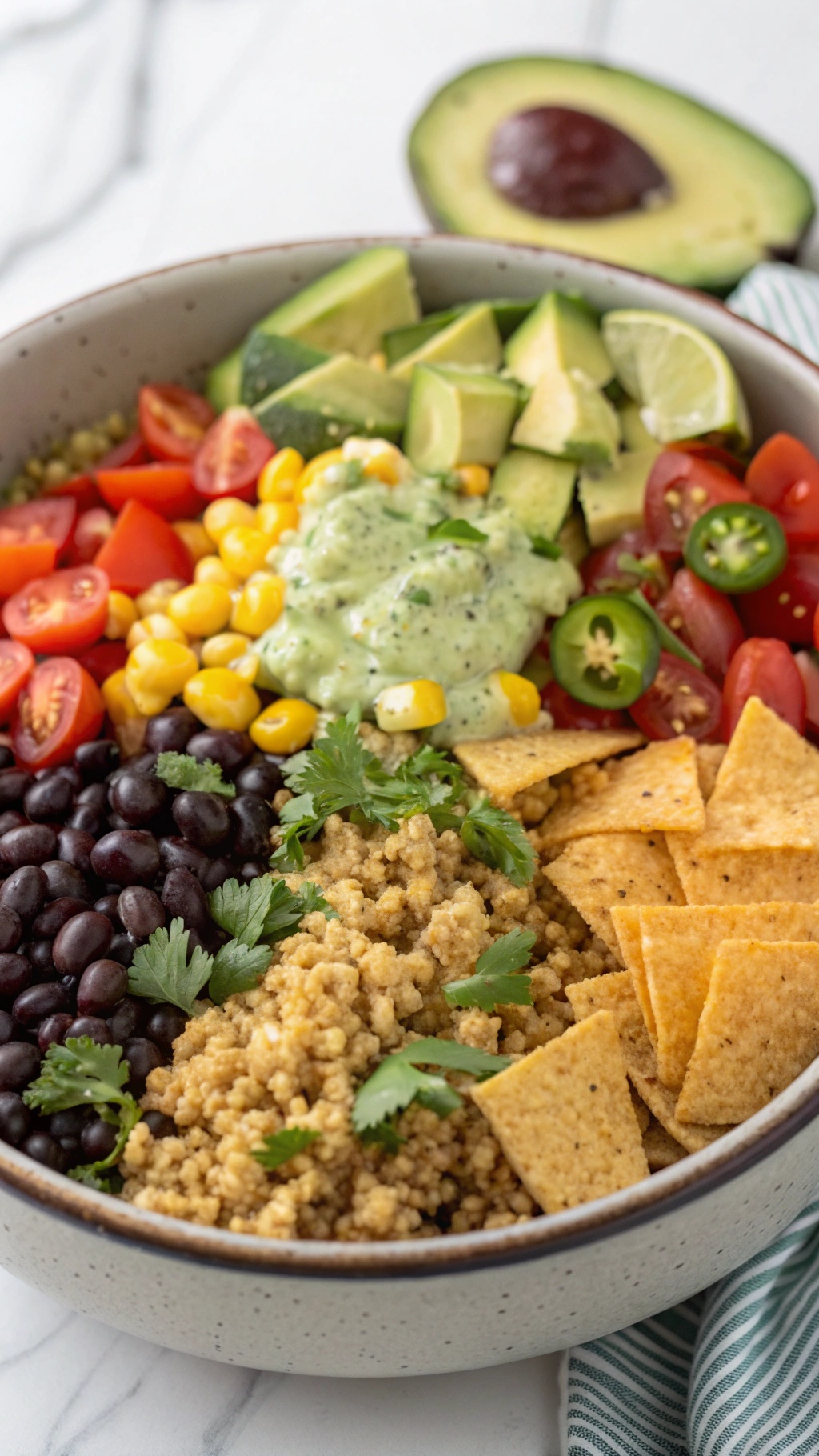 A colorful bowl of Zesty Southwest Quinoa Salad with fresh vegetables, black beans, and tortilla chips.