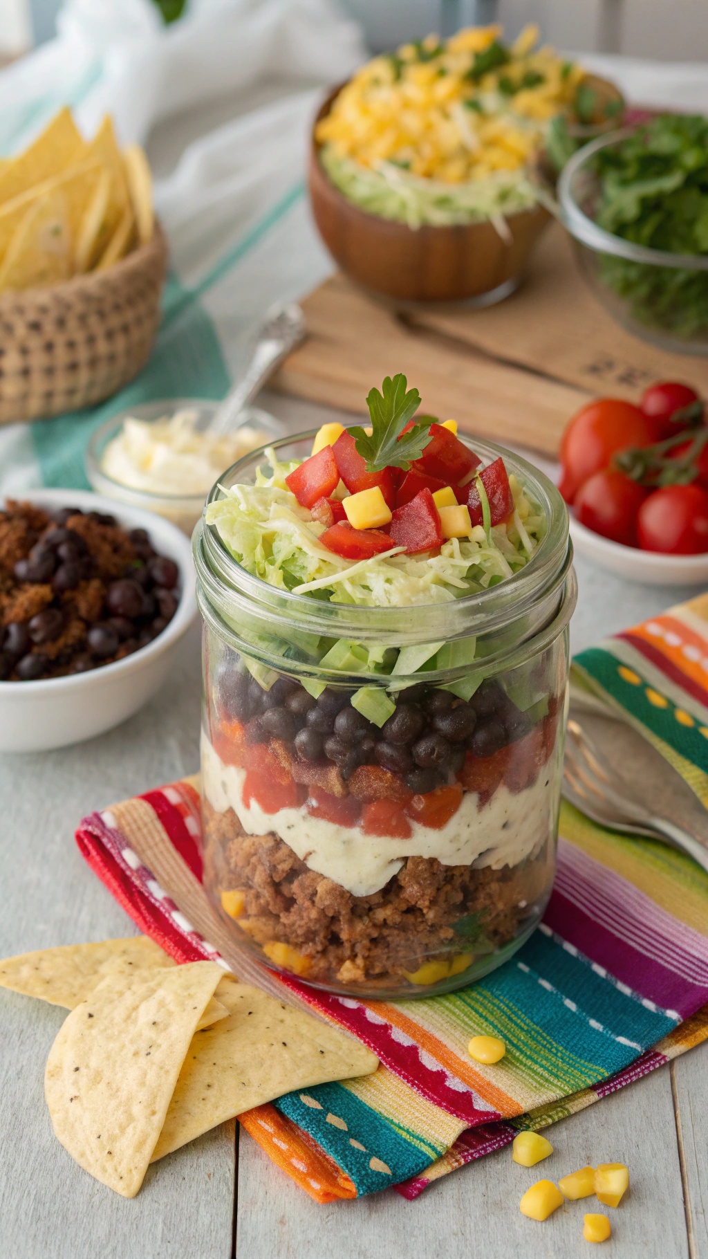 A colorful taco salad jar filled with layers of ground beef, black beans, diced tomatoes, lettuce, and cheese, accompanied by tortilla chips.