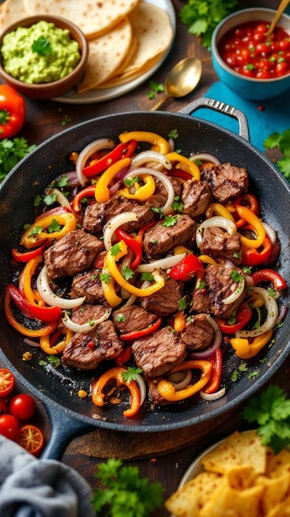 A skillet filled with tri-tip steak fajitas, colorful peppers, and onions, served with tortillas and toppings.