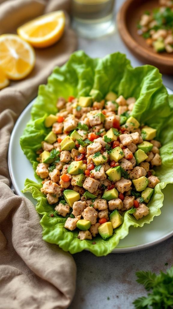 Zesty tuna salad lettuce wraps with avocado and tomato