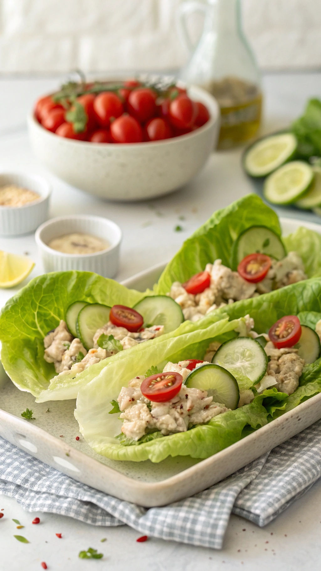 Zesty Tuna Salad Lettuce Wraps with cherry tomatoes and cucumber slices