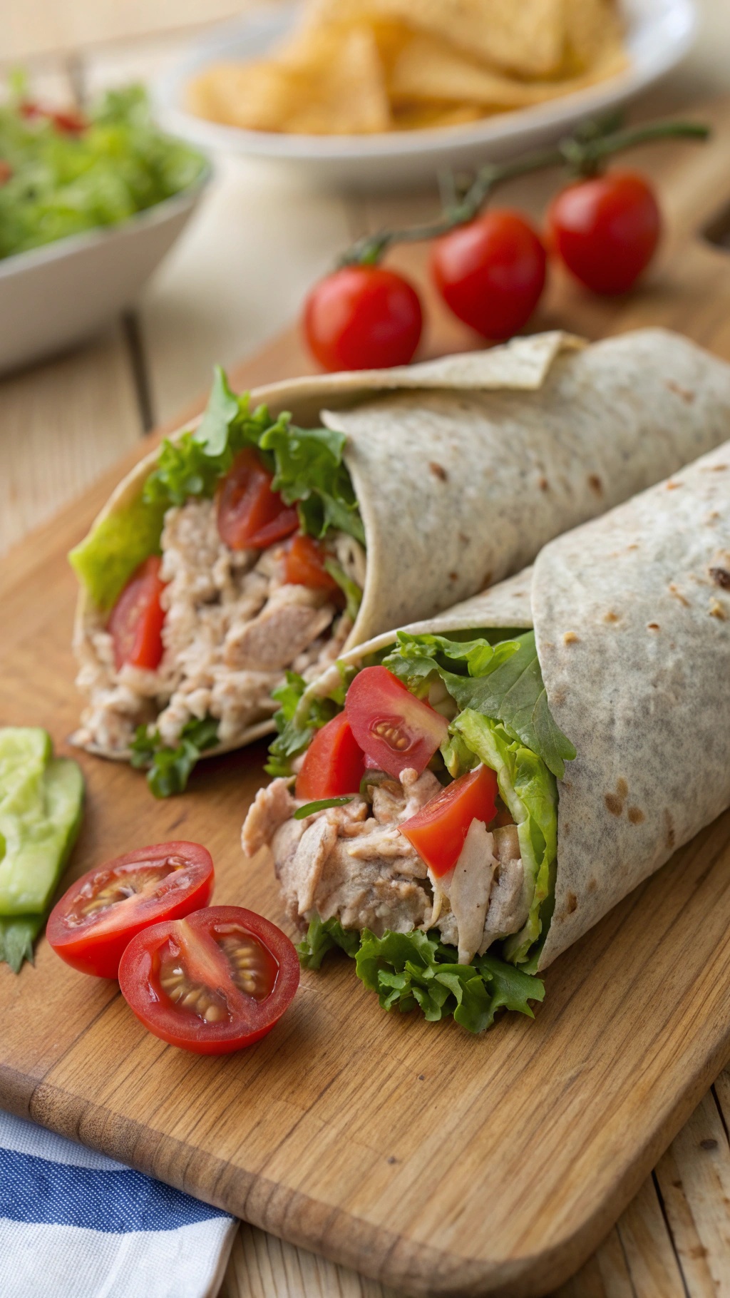 Two zesty tuna salad wraps filled with lettuce and tomatoes, served on a wooden board.