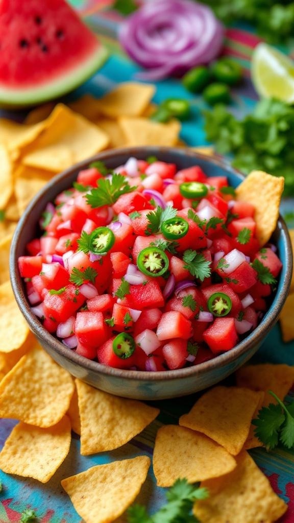 A bowl of watermelon salsa with tortilla chips, garnished with cilantro and jalapeños.