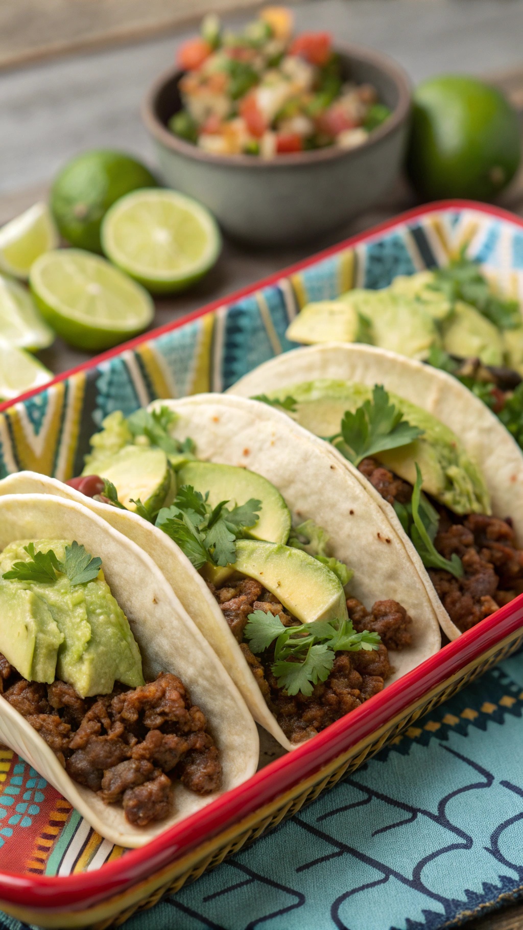 A plate of zingy beef tacos with avocado salsa, garnished with cilantro and lime.
