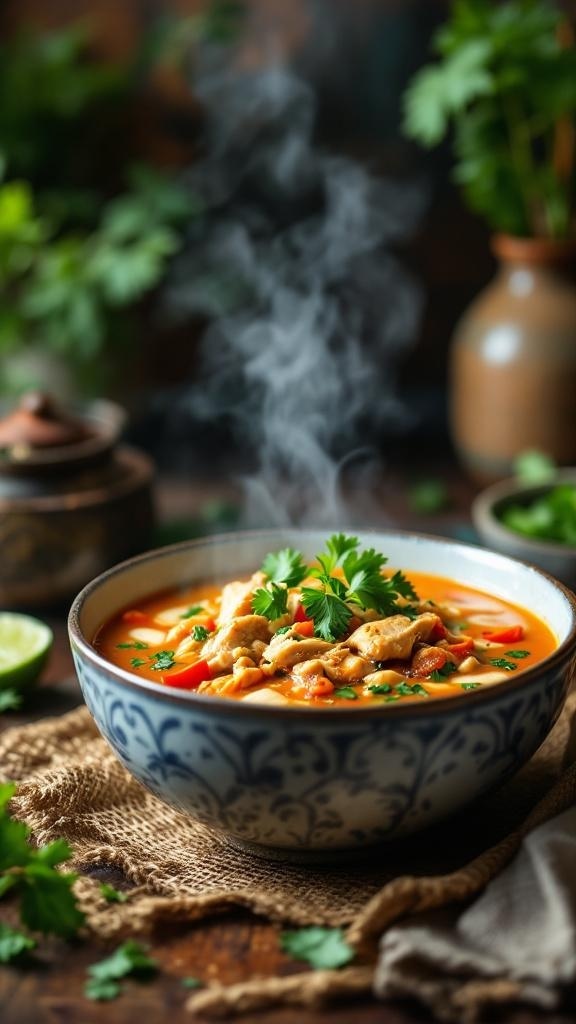 A bowl of Zingy Thai Chicken Coconut Soup with steam rising, garnished with cilantro and red peppers.