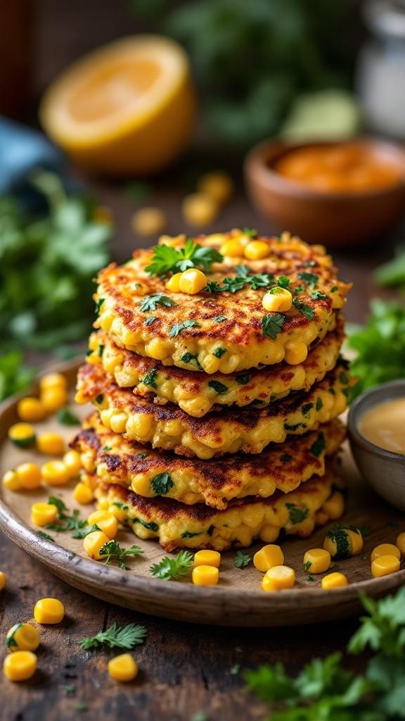 A stack of zucchini and corn fritters garnished with cilantro and served with a dipping sauce.
