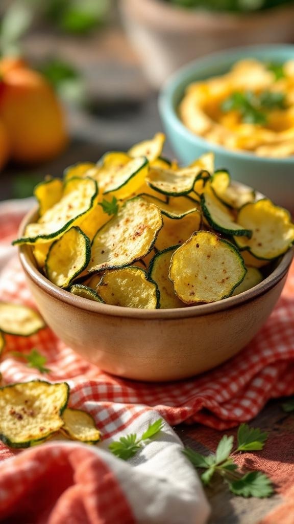 A bowl of crispy zucchini chips served with hummus, garnished with fresh herbs.
