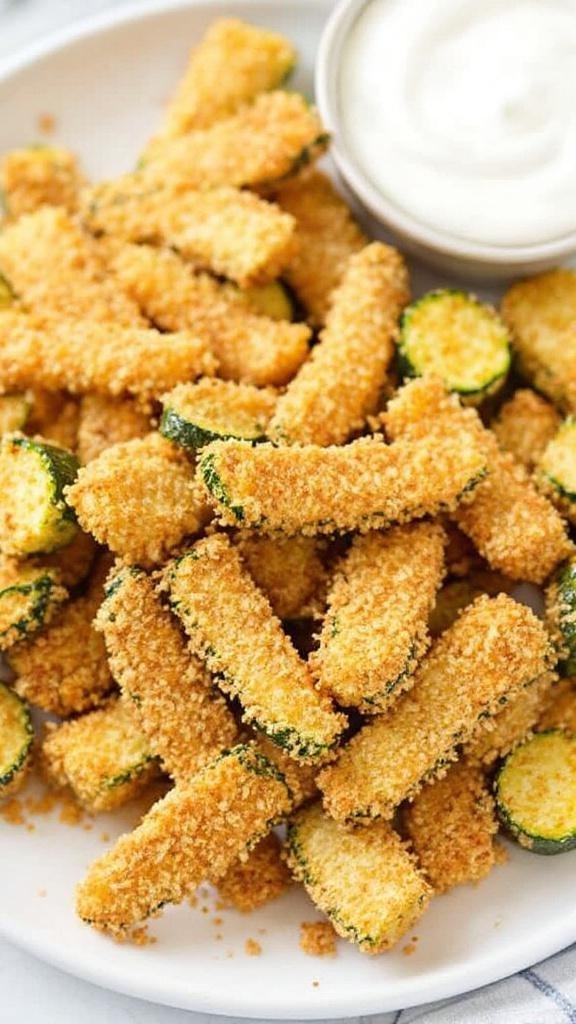 Plate of crispy zucchini fries with a bowl of dipping sauce