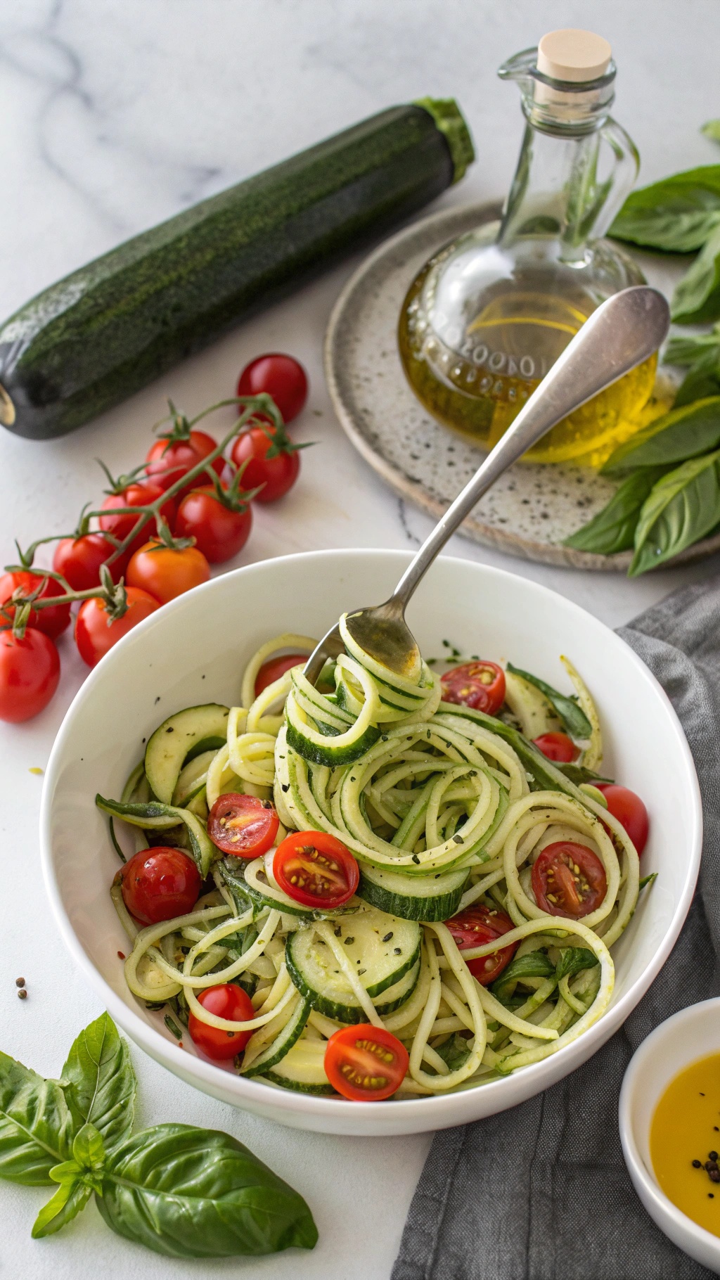 A bowl of zucchini noodle salad with cherry tomatoes and fresh herbs