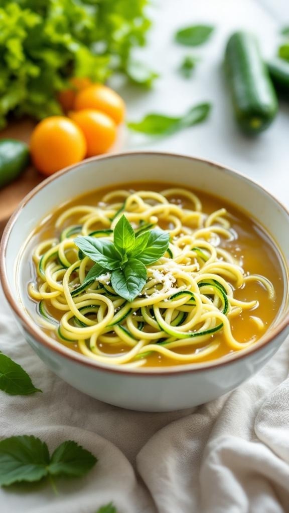 A bowl of zucchini noodle soup garnished with fresh basil, surrounded by fresh vegetables.