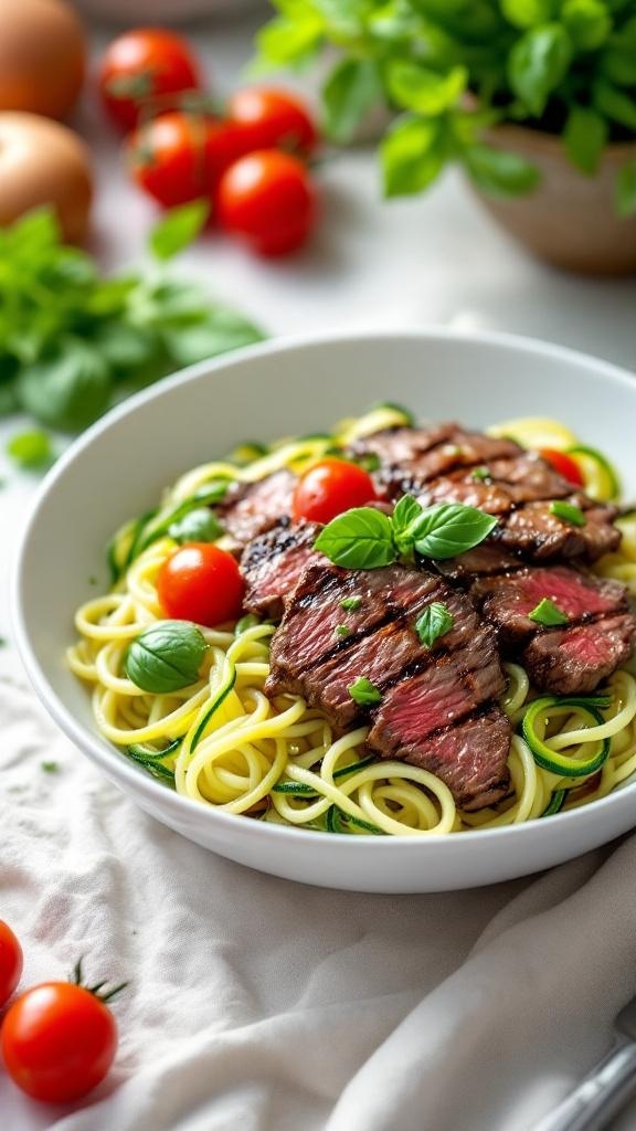 A bowl of zucchini noodles topped with grilled steak, cherry tomatoes, and fresh basil.