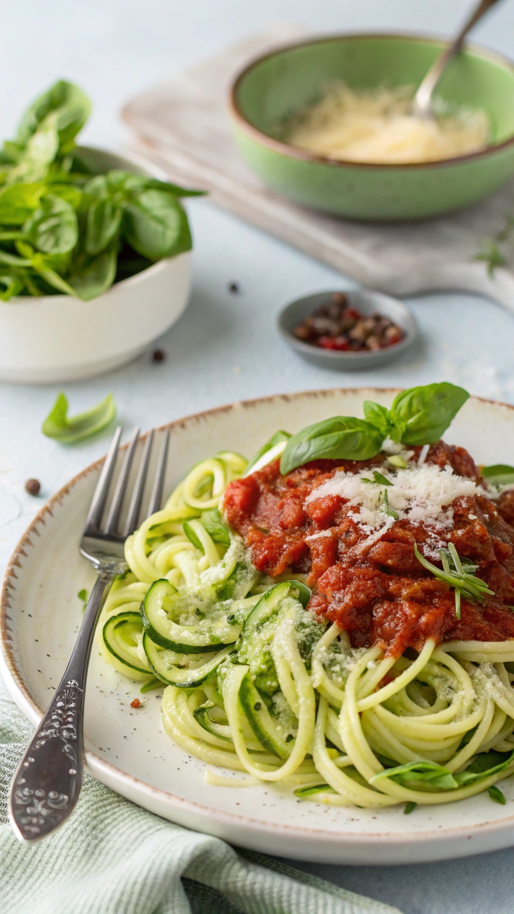 A plate of zucchini noodles topped with marinara sauce, garnished with fresh basil and cheese.